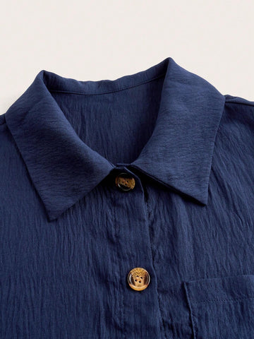 LUNE Women Spring/Summer Solid Color Roll-Up Sleeve Loose Casual Shirt