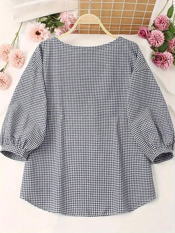 LUNE Women Spring And Autumn Loose Casual Shirt With Plaid, Round Neck And Drop Shoulder Sleeves