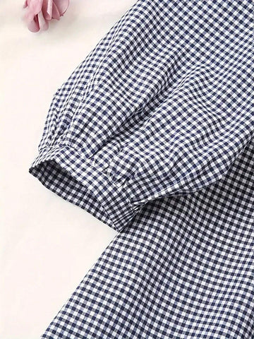 LUNE Women Spring And Autumn Loose Casual Shirt With Plaid, Round Neck And Drop Shoulder Sleeves