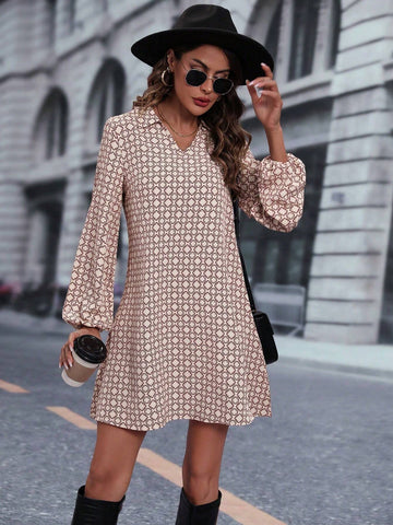 Women Spring Autumn Geometric Print Turndown Collar Lantern Sleeve Straight Loose Dress SKU: sz2409109402482638