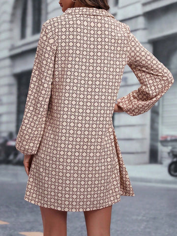 Women Spring Autumn Geometric Print Turndown Collar Lantern Sleeve Straight Loose Dress SKU: sz2409109402482638
