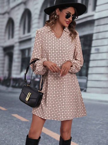 Women Spring Autumn Geometric Print Turndown Collar Lantern Sleeve Straight Loose Dress SKU: sz2409109402482638