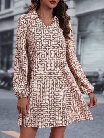 Women Spring Autumn Geometric Print Turndown Collar Lantern Sleeve Straight Loose Dress SKU: sz2409109402482638