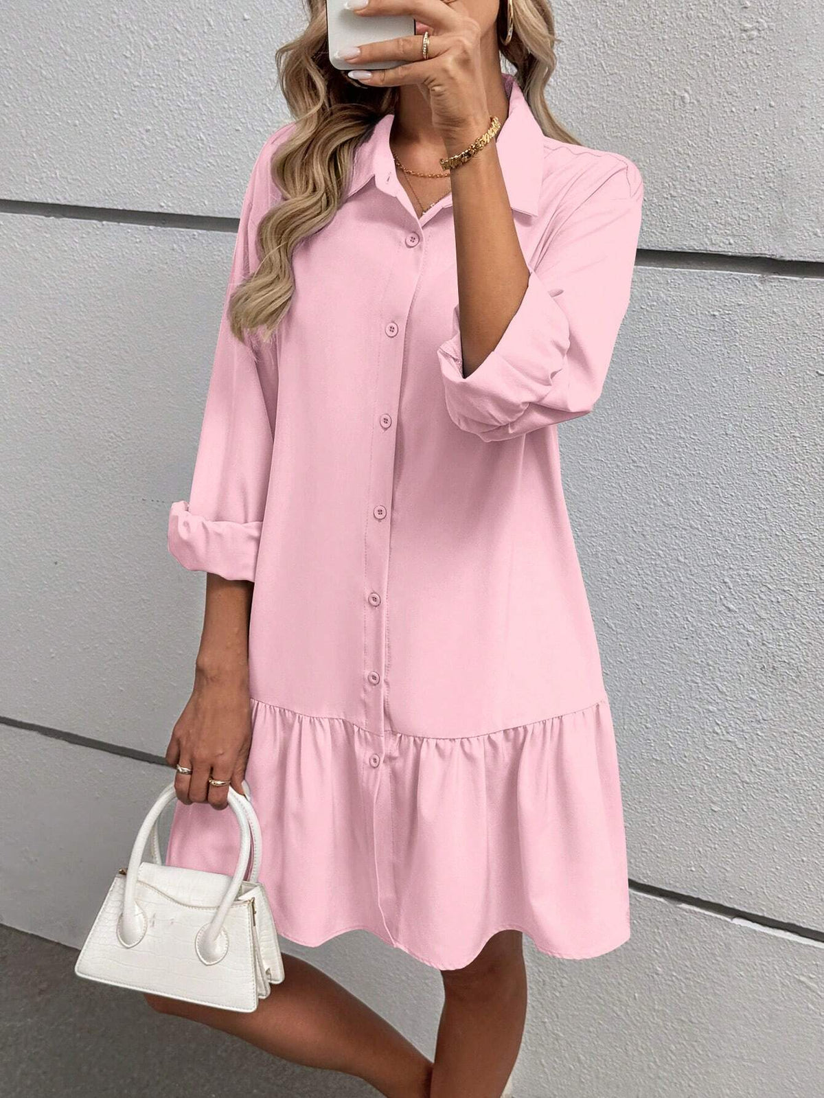 Women Spring Autumn Solid Color Long Sleeve Ruffle Hem Casual Shirt Dress