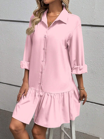 Women Spring Autumn Solid Color Long Sleeve Ruffle Hem Casual Shirt Dress