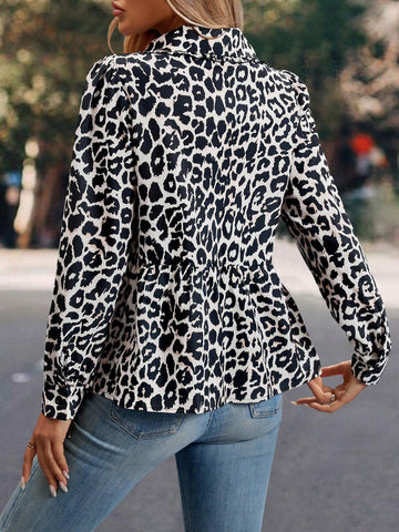 LUNE Women Spring Summer Leopard Print Front Tie Long Sleeve Loose Fashion Blouse