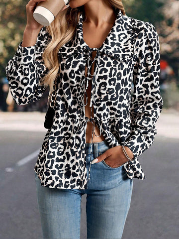 LUNE Women Spring Summer Leopard Print Front Tie Long Sleeve Loose Fashion Blouse