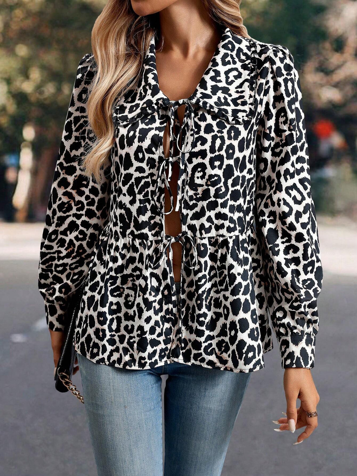 LUNE Women Spring Summer Leopard Print Front Tie Long Sleeve Loose Fashion Blouse
