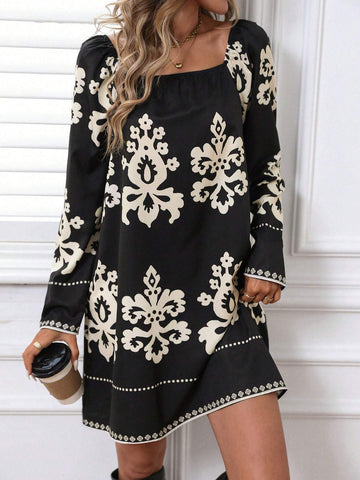 Women Square Neck Allover Print Casual Long Sleeve Dress