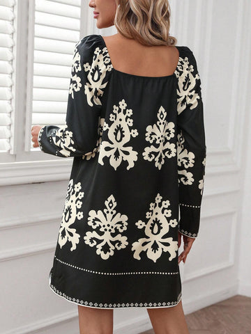 Women Square Neck Allover Print Casual Long Sleeve Dress