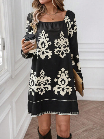 Women Square Neck Allover Print Casual Long Sleeve Dress