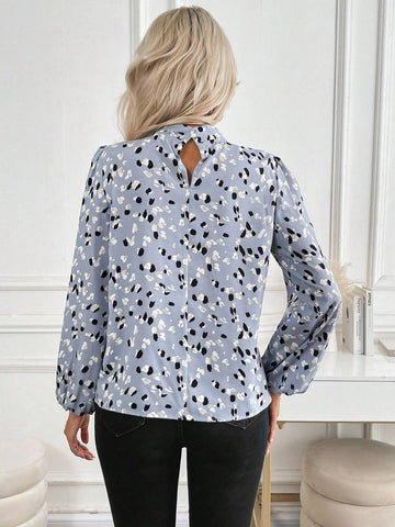 LUNE Women Stand Collar All-Over Print Long Sleeve Top, Casual Daily Wear