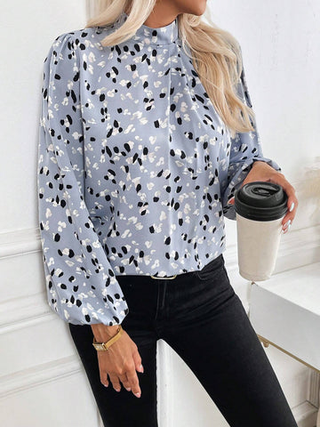 LUNE Women Stand Collar All-Over Print Long Sleeve Top, Casual Daily Wear