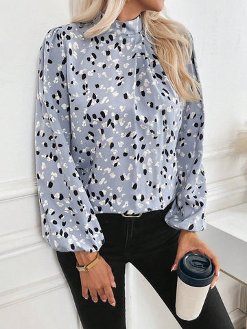 LUNE Women Stand Collar All-Over Print Long Sleeve Top, Casual Daily Wear