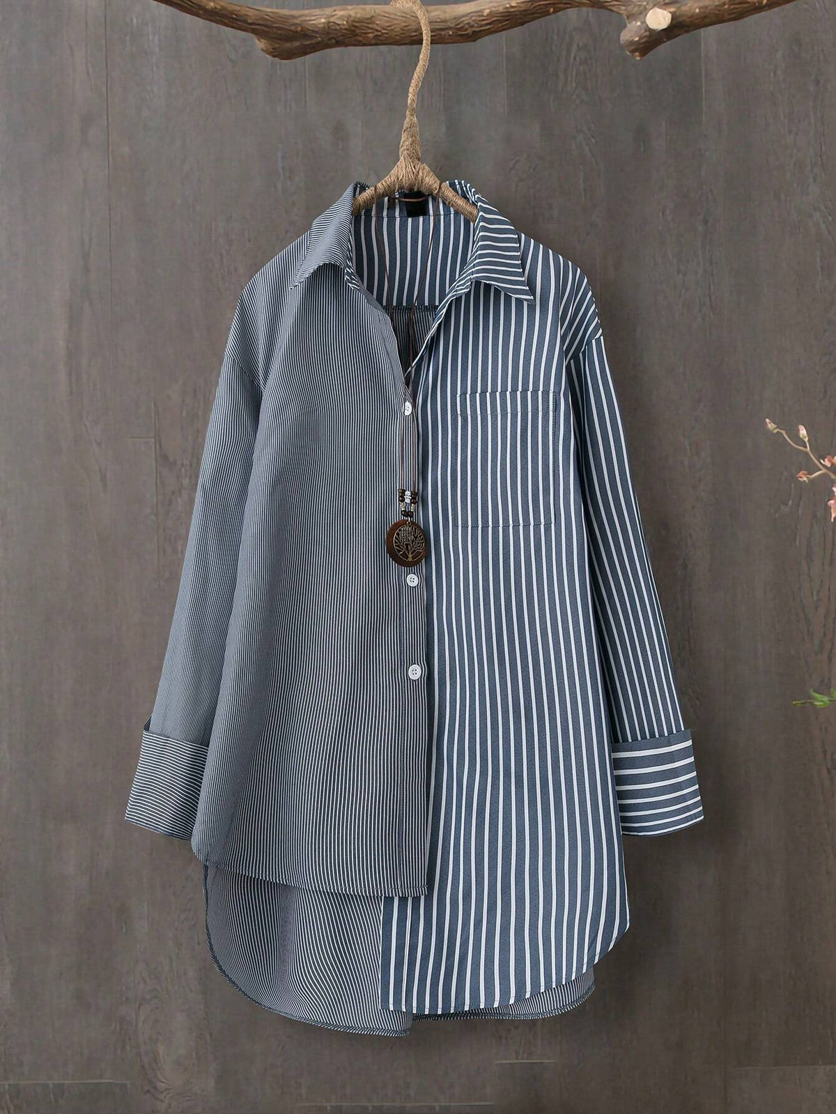 LUNE Women Stripe Patchwork Front Button Casual Long Sleeve Cardigan Shirt