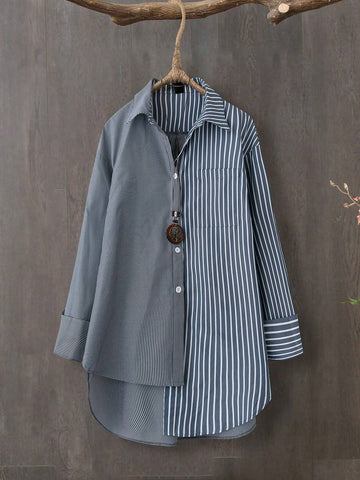 LUNE Women Stripe Patchwork Front Button Casual Long Sleeve Cardigan Shirt