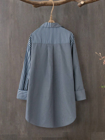 LUNE Women Stripe Patchwork Front Button Casual Long Sleeve Cardigan Shirt