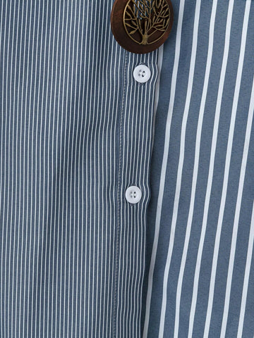 LUNE Women Stripe Patchwork Front Button Casual Long Sleeve Cardigan Shirt