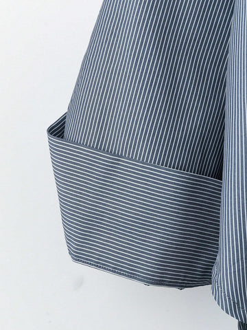 LUNE Women Stripe Patchwork Front Button Casual Long Sleeve Cardigan Shirt