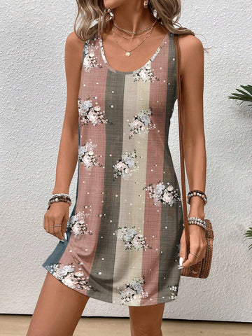 Women Striped Floral Print Round Neck Sleeveless Dress For Summer