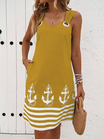 Women Striped Print Sleeveless O-Ring Decor A-Line Dress