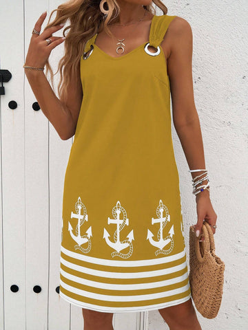 Women Striped Print Sleeveless O-Ring Decor A-Line Dress