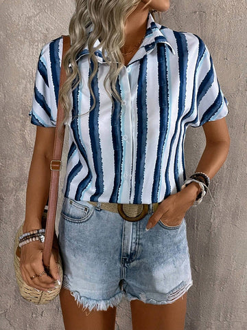 LUNE Women Striped Printed Short Sleeve Daily Casual Shirt For Summer