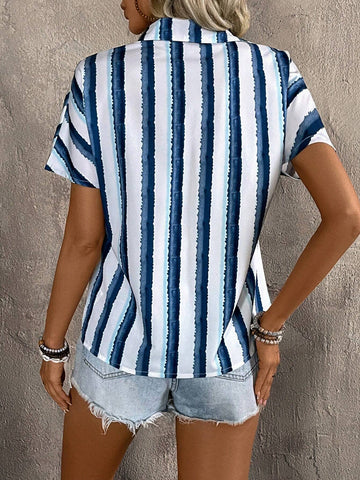 LUNE Women Striped Printed Short Sleeve Daily Casual Shirt For Summer