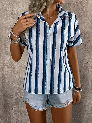 LUNE Women Striped Printed Short Sleeve Daily Casual Shirt For Summer