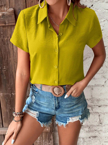 LUNE Women Summer Casual Button Textured Short Sleeve Shirt