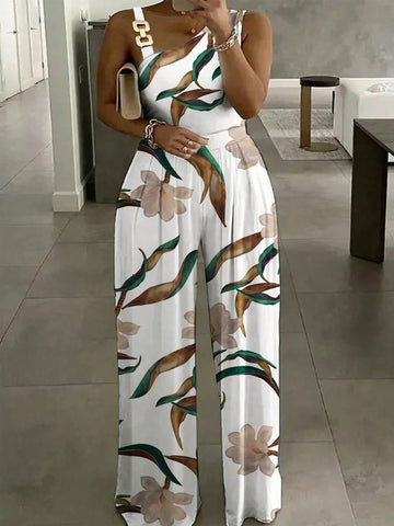 Women Summer Casual Flower & Plant Print Asymmetric Hem Collarless Sleeveless Jumpsuit