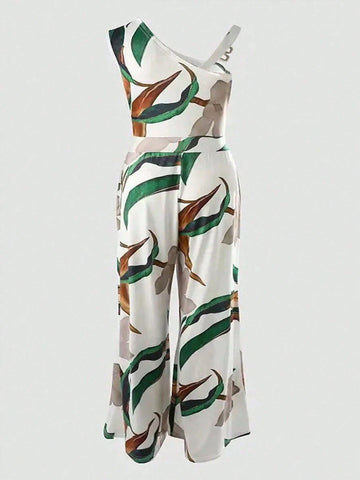 Women Summer Casual Flower & Plant Print Asymmetric Hem Collarless Sleeveless Jumpsuit
