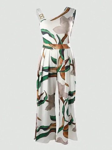 Women Summer Casual Flower & Plant Print Asymmetric Hem Collarless Sleeveless Jumpsuit