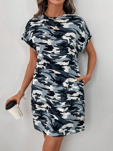 Women Summer Casual Round Neck Drop Shoulder Sleeve Dual Pocket Camo Print Comfortable