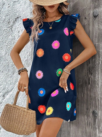 Women Summer Chamomile Flower Print Ruffled Sleeve Casual Dress