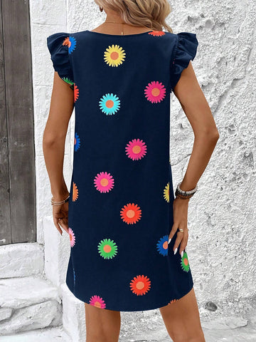 Women Summer Chamomile Flower Print Ruffled Sleeve Casual Dress
