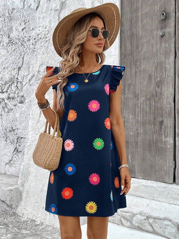 Women Summer Chamomile Flower Print Ruffled Sleeve Casual Dress