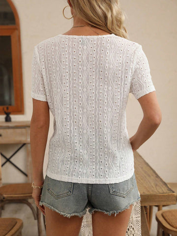 LUNE Women Summer Contrast Lace V-Neck Short Sleeve Casual T-Shirt