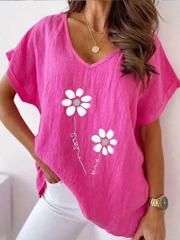 LUNE Women Summer Floral Print V-Neck Batwing Short Sleeve Loose Shirt