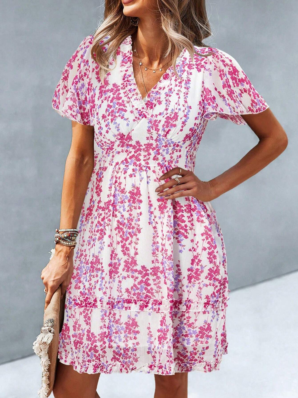 Women Summer Floral Print V-Neck Ruffle Short Sleeve Short Dress