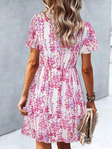 Women Summer Floral Print V-Neck Ruffle Short Sleeve Short Dress