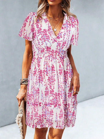 Women Summer Floral Print V-Neck Ruffle Short Sleeve Short Dress