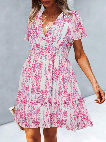 Women Summer Floral Print V-Neck Ruffle Short Sleeve Short Dress