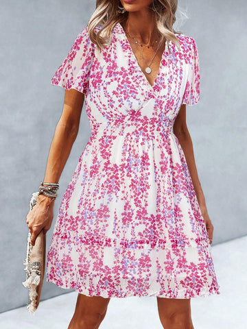 Women Summer Floral Print V-Neck Ruffle Short Sleeve Short Dress