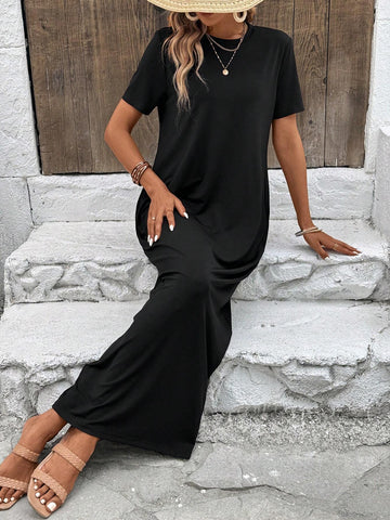 Women Summer Holiday Casual Solid Color Short Sleeve Long Dress