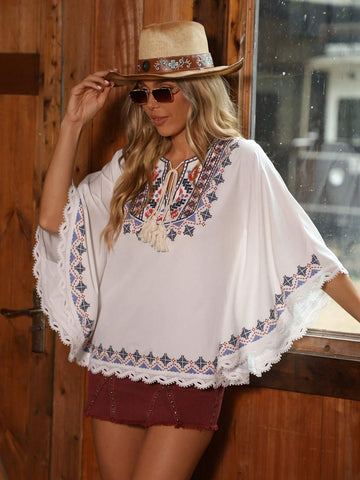 LUNE Women Summer Holiday Geometric Printed Fringe Tie Neck Batwing Sleeve Loose Shirt