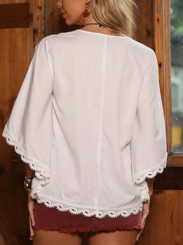 LUNE Women Summer Holiday Geometric Printed Fringe Tie Neck Batwing Sleeve Loose Shirt