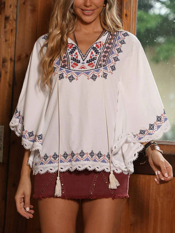 LUNE Women Summer Holiday Geometric Printed Fringe Tie Neck Batwing Sleeve Loose Shirt