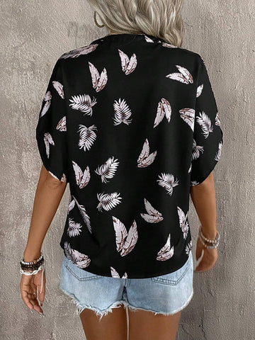 LUNE Women Summer Holiday Loose Short Sleeve Shirt With Tropical Plant Print And Notch V-Neck