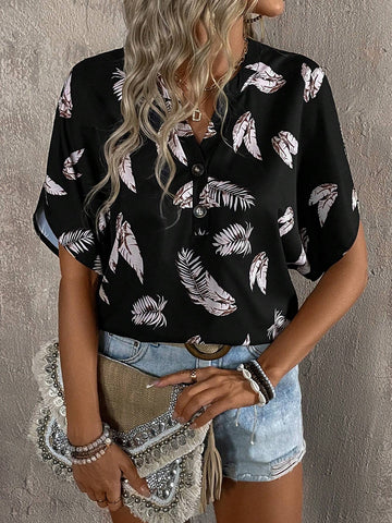 LUNE Women Summer Holiday Loose Short Sleeve Shirt With Tropical Plant Print And Notch V-Neck